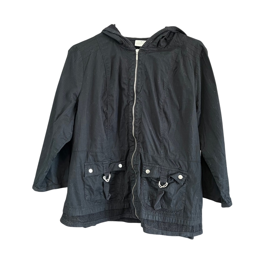 Zenergy by Chicos Black Hooded Utility Jacket Mesh Trim Cargo Pockets Size 2 L